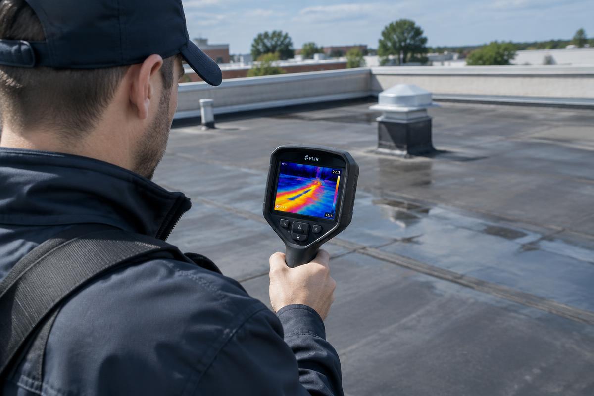 Recherche de fuite sur toiture-terrasse à la caméra thermique
