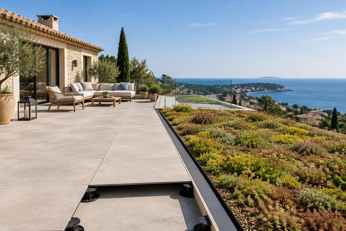 Terrasse rénovée en dalles sur plots avec toiture végétalisée en Provence